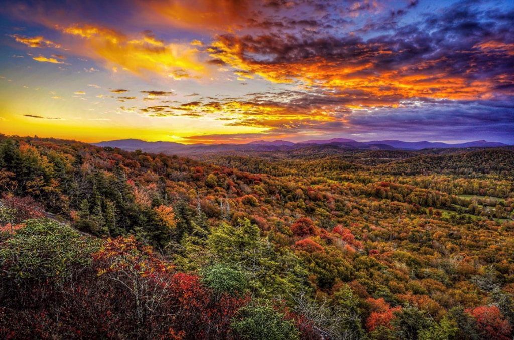 Sunset over Western North Carolina Mountains in fall