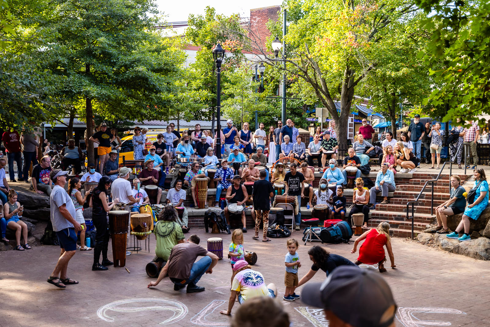 Friday evening drum circle at Pritchard Park in Downtown Asheville, NC