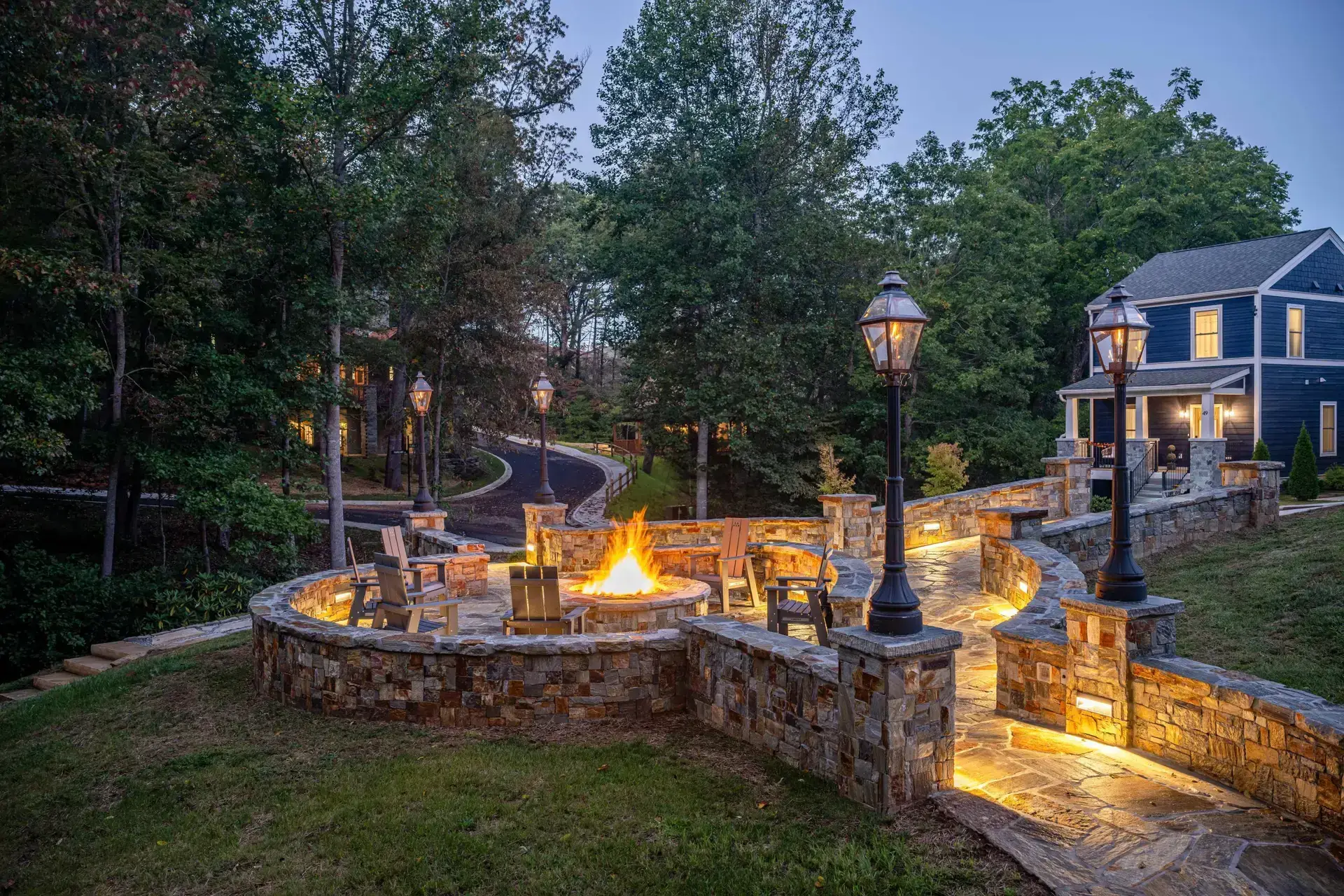 Entrance to the lower park with community gas fire pit