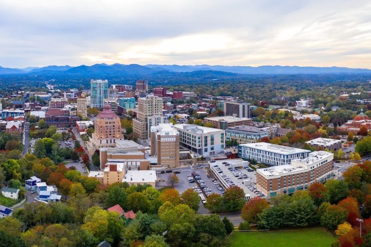 Aerial view of Downtown Asheville, NC