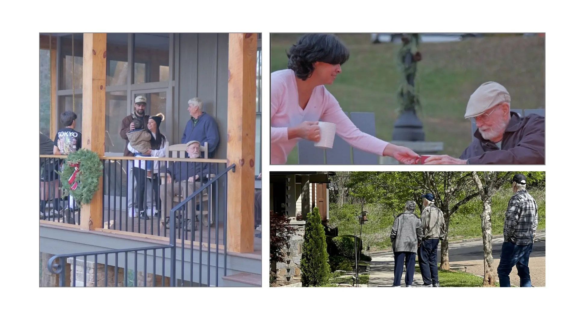 People of various ages enjoying porch conversation and outdoor gathering spaces in a walkable community designed around good urbanism