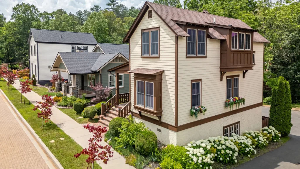 Cottages with front porches and sidewalks in a walkable community showcasing principles of good urbanism and neighborhood design