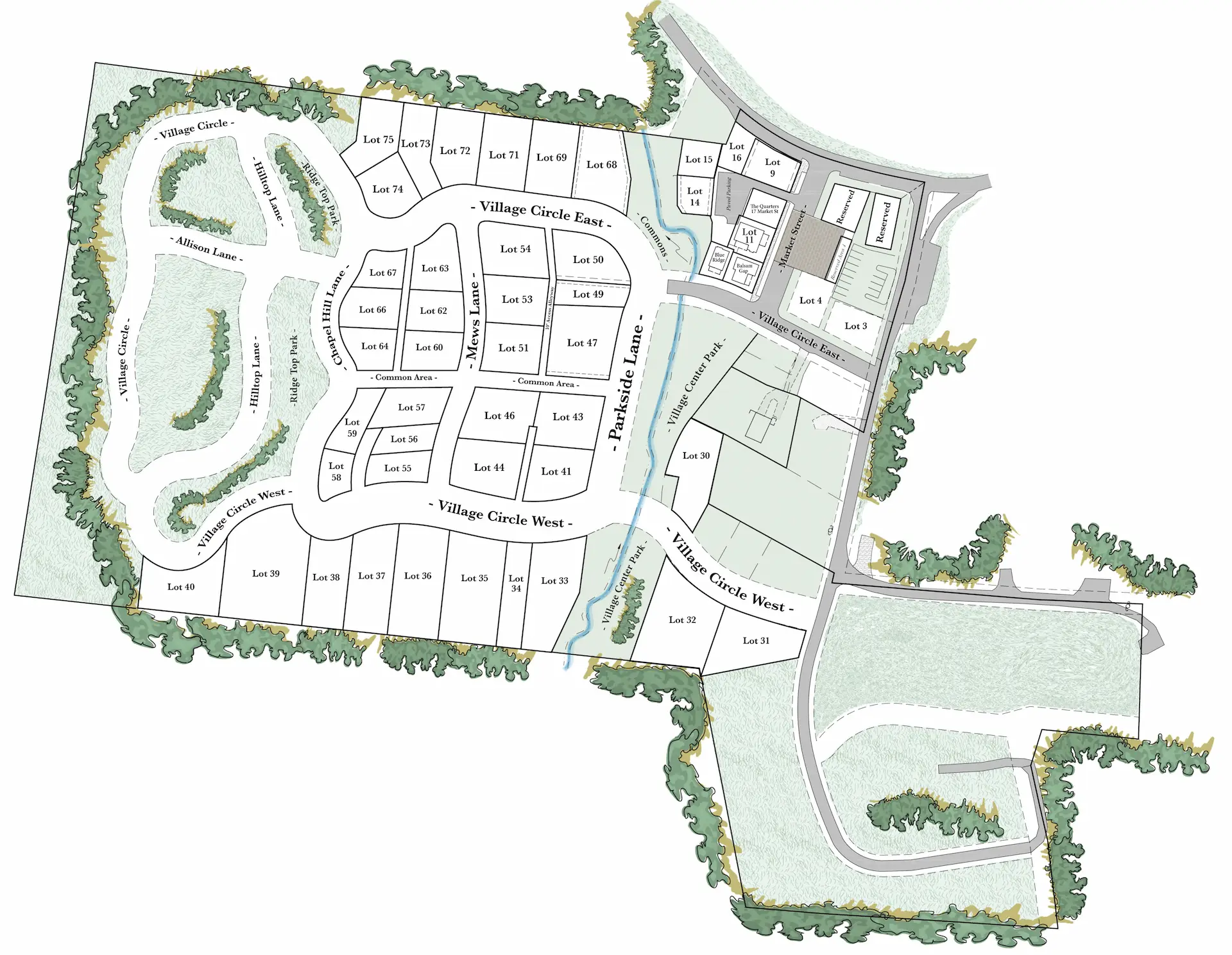 Aerial site plan map of Sanctuary Village in Franklin, North Carolina, showing Phase 1 with 32 numbered homesites, roads, green spaces, and surrounding wooded areas. Certain lots are marked as available, while others appear reserved or sold, indicating current availability within the community.