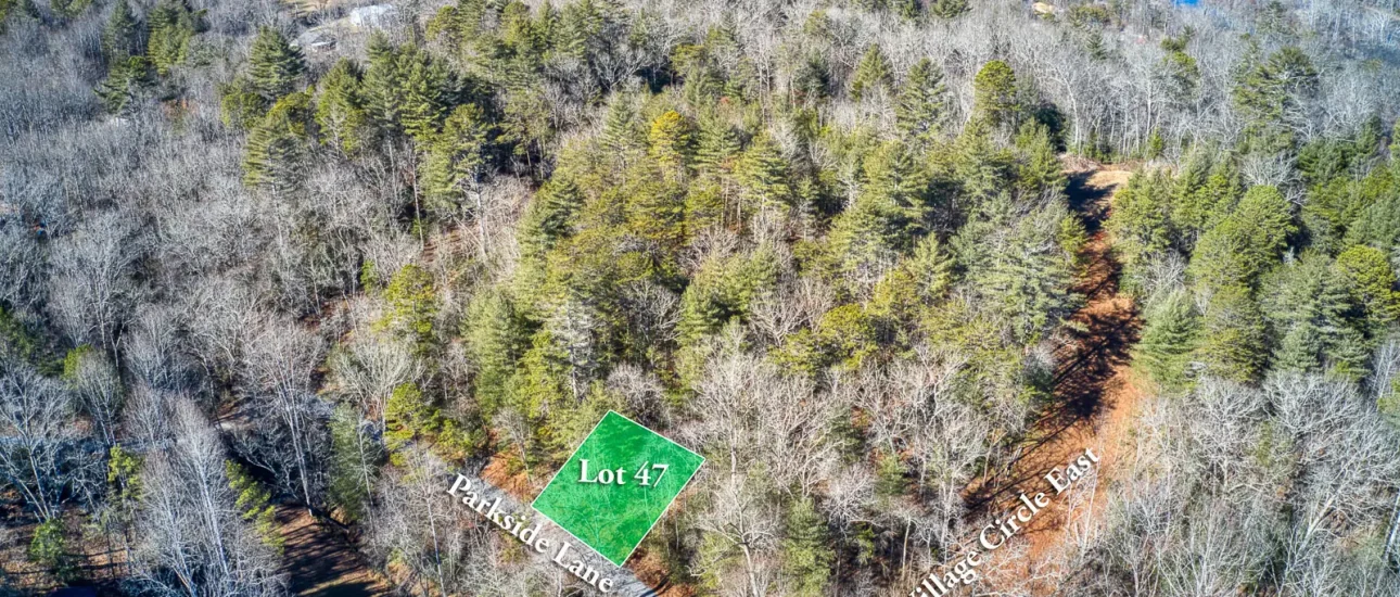 Aerial of Sanctuary Village with homesite 47 highlighted