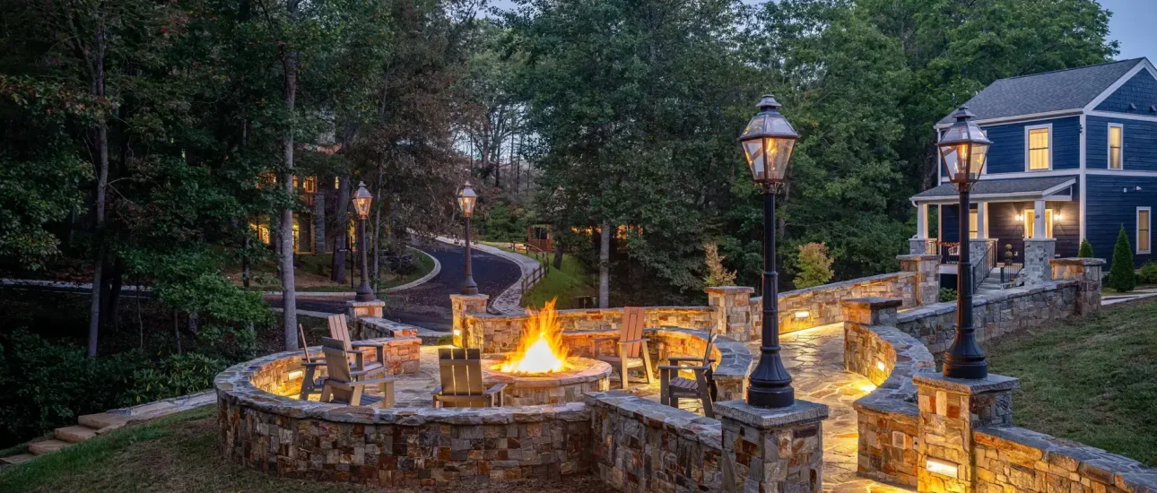 Entrance to the lower park with community gas fire pit